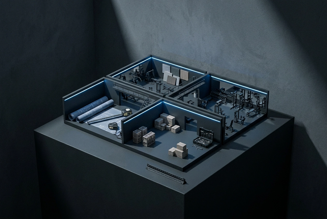 Professional header image for educational tutorial: The Four-Phase Gym Fit-Out Process: Scope, Spec, Supply a...
