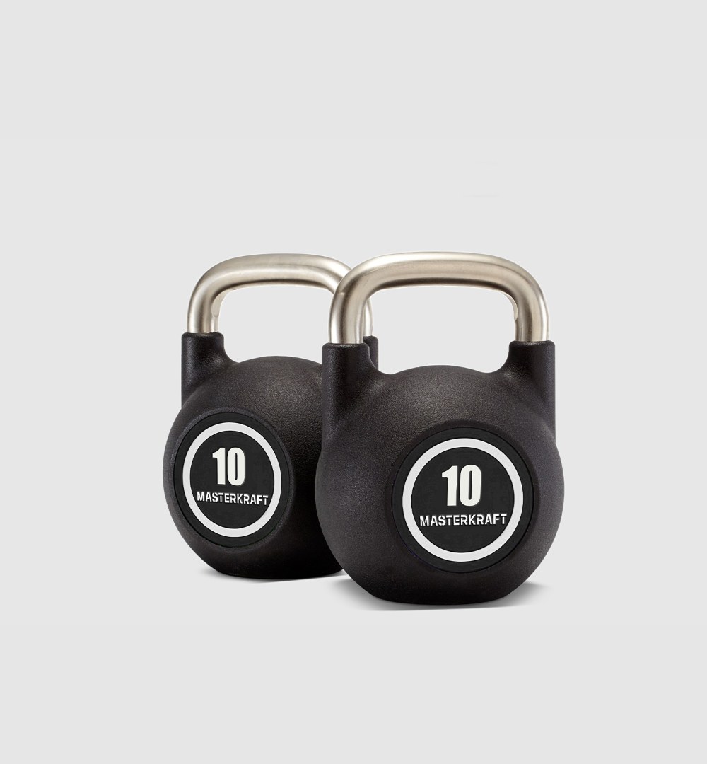 Two black urethane competition kettlebells with a round MasterKraft label on the body